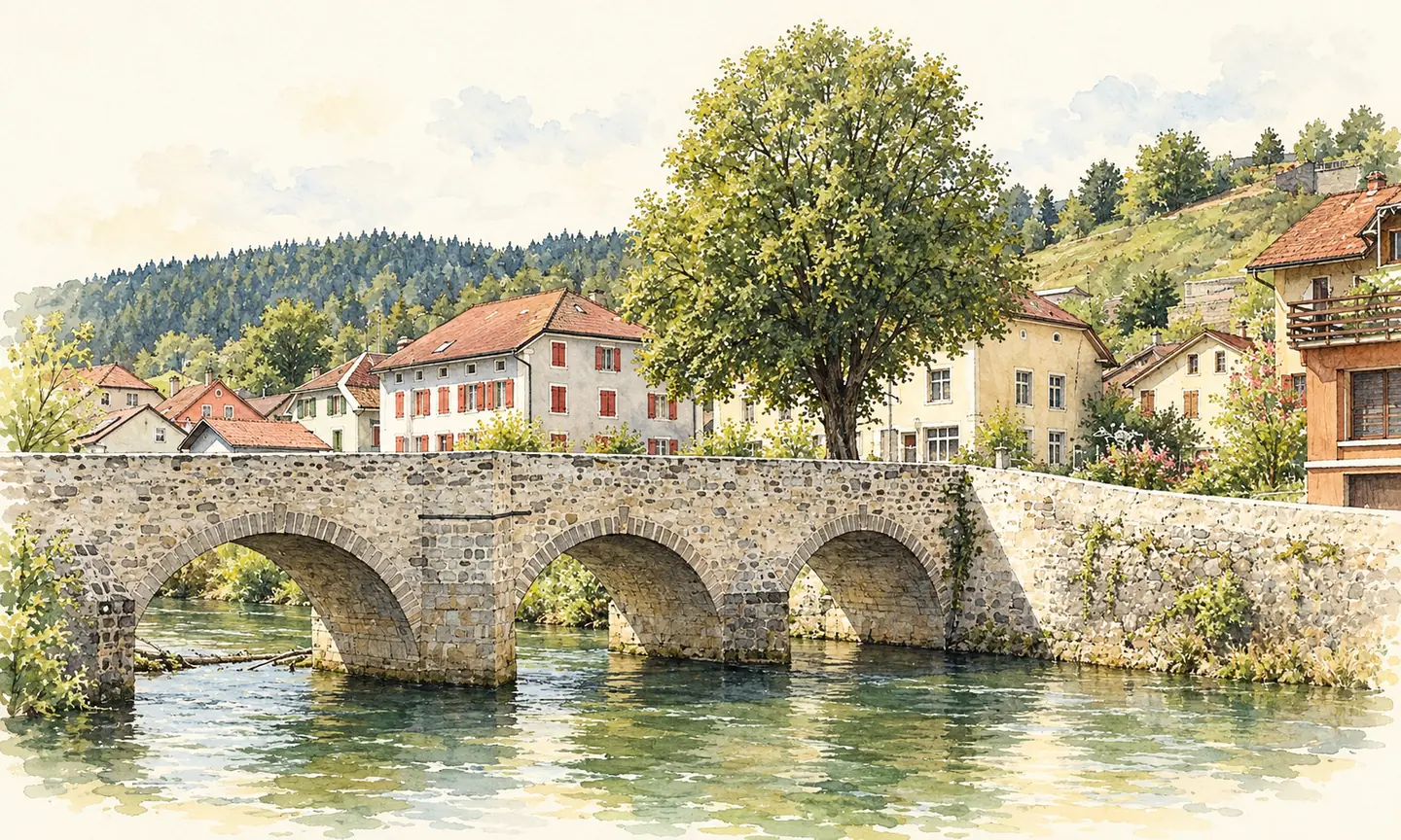 Illustration contemporaine du Vieux-Pont de Travers sur l’Areuse.
